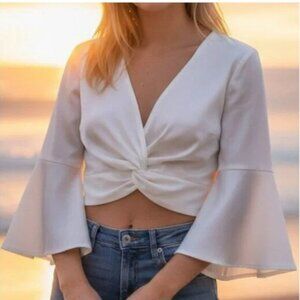 Showpo White Satin Blouse Cropped Long Sleeve Twist Front Top XS